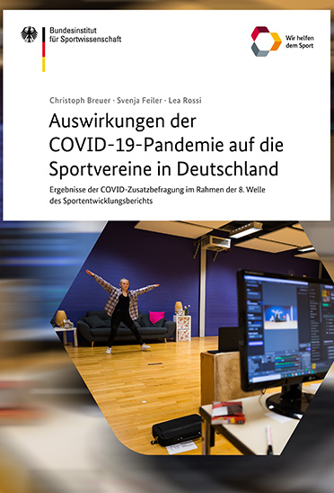 Das Bild zeigt das Cover der Publikation "Auswirkungen der Covid-19-Pandemie auf die Sportvereine in Deutschland". Neben dem Titel ist das Logo des BISp sowie ein Foto abgebildet. Auf dem Foto zeigt eine Trainerin Übungen vor einem Bildschirm.