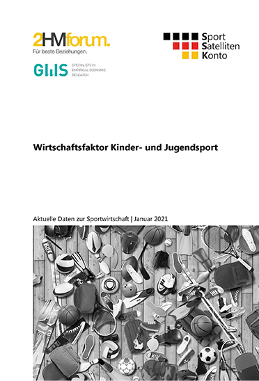 Das Bild zeigt das Titelblatt der Publikation "Wirtschaftsfaktor Kinder- und Jugendsport: Aktuelle Daten zur Sportwirtschaft". Darauf ist neben dem Titel ein Bild mit Ausrüstungsgegenständen für verschiedene Sportarten zu sehen.